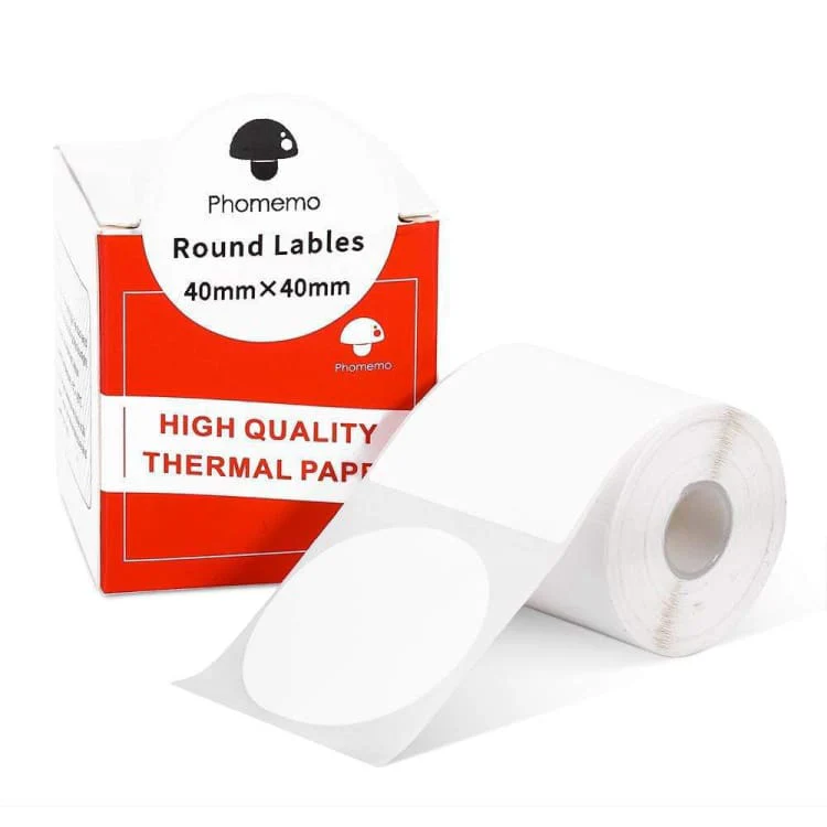 40x40mm Phomemo Pre-Cut Round Thermal Label Roll, White, 180 Labels per Roll