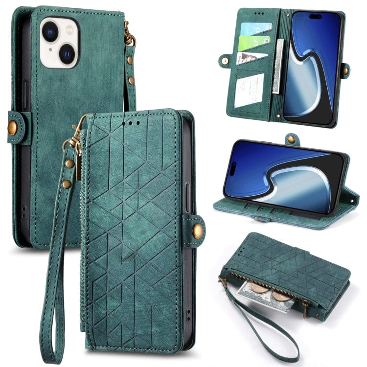Apple iPhone 15 Geometric Flip Wallet, Card Slots, Zipped coin Pocket