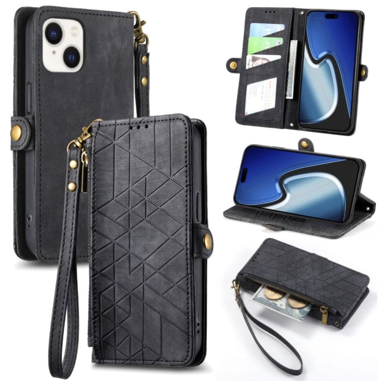Apple iPhone 15 Geometric Flip Wallet, Card Slots, Zipped coin Pocket - Image 7