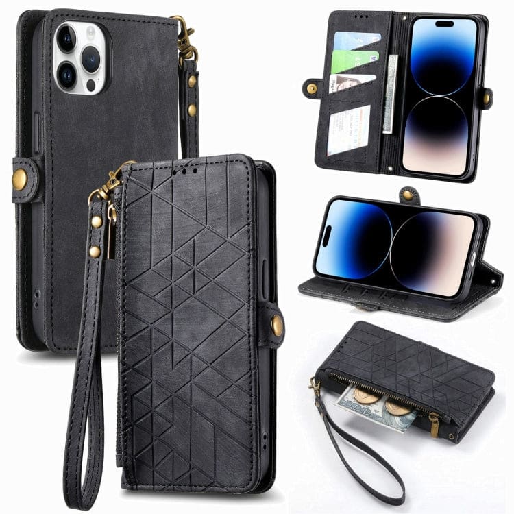 Apple iPhone 15 Pro Geometric Flip Wallet, Card Slots, Zipped coin Pocket