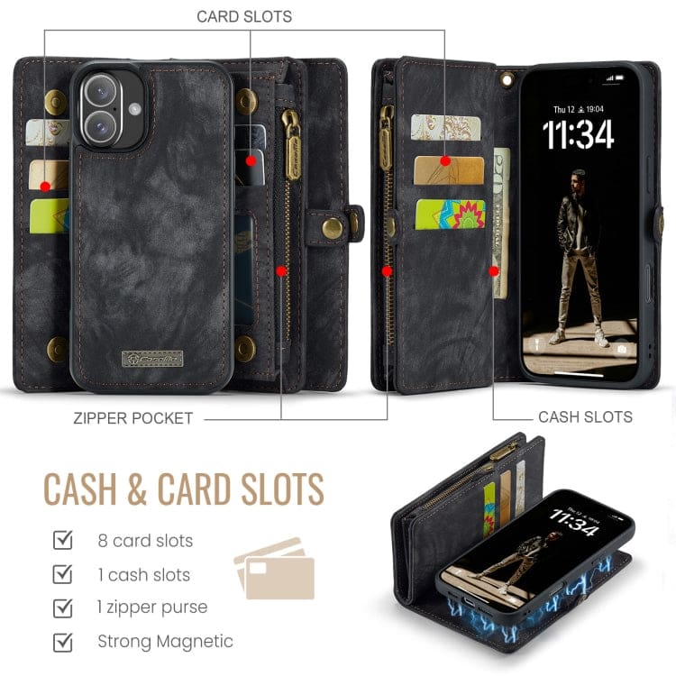 Apple iPhone 16 CaseMe 008 2-In-1 Wallet with Detachable Cover, 8 Card Slots + Zip Pocket - Image 2
