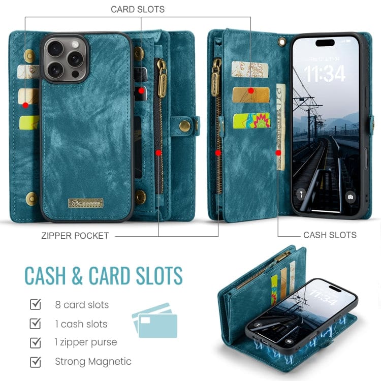 Apple iPhone 16 Pro CaseMe 008 2-In-1 Wallet with Detachable Cover, 8 Card Slots + Zip Pocket - Image 2
