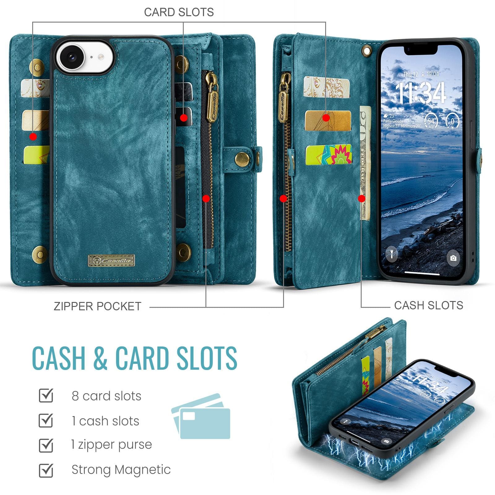 Apple iPhone 16e/17e CaseMe 008 2-In-1 Wallet with Detachable Cover, 8 Card Slots + Zip Pocket - Image 2