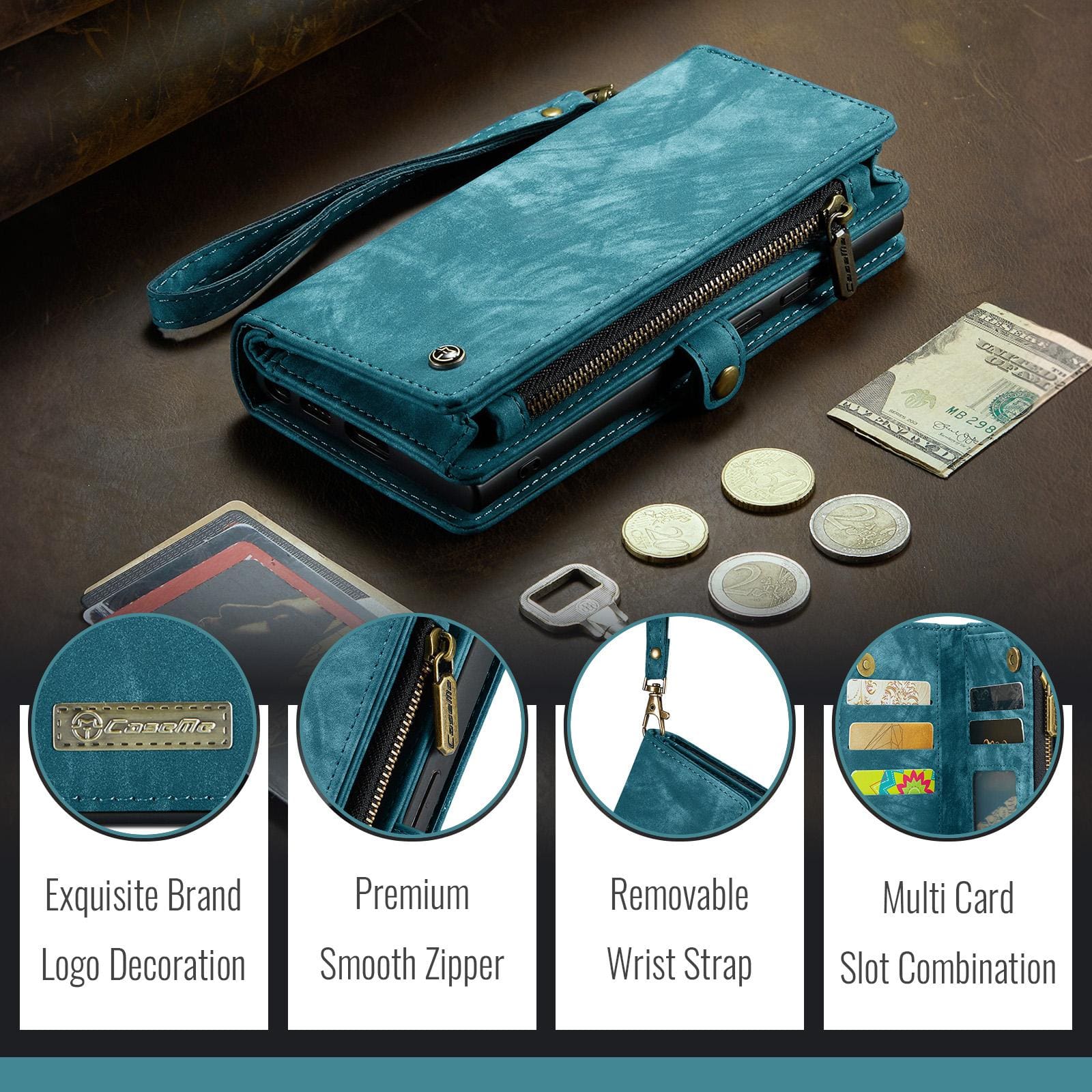 Apple iPhone 16e/17e CaseMe 008 2-In-1 Wallet with Detachable Cover, 8 Card Slots + Zip Pocket - Image 6