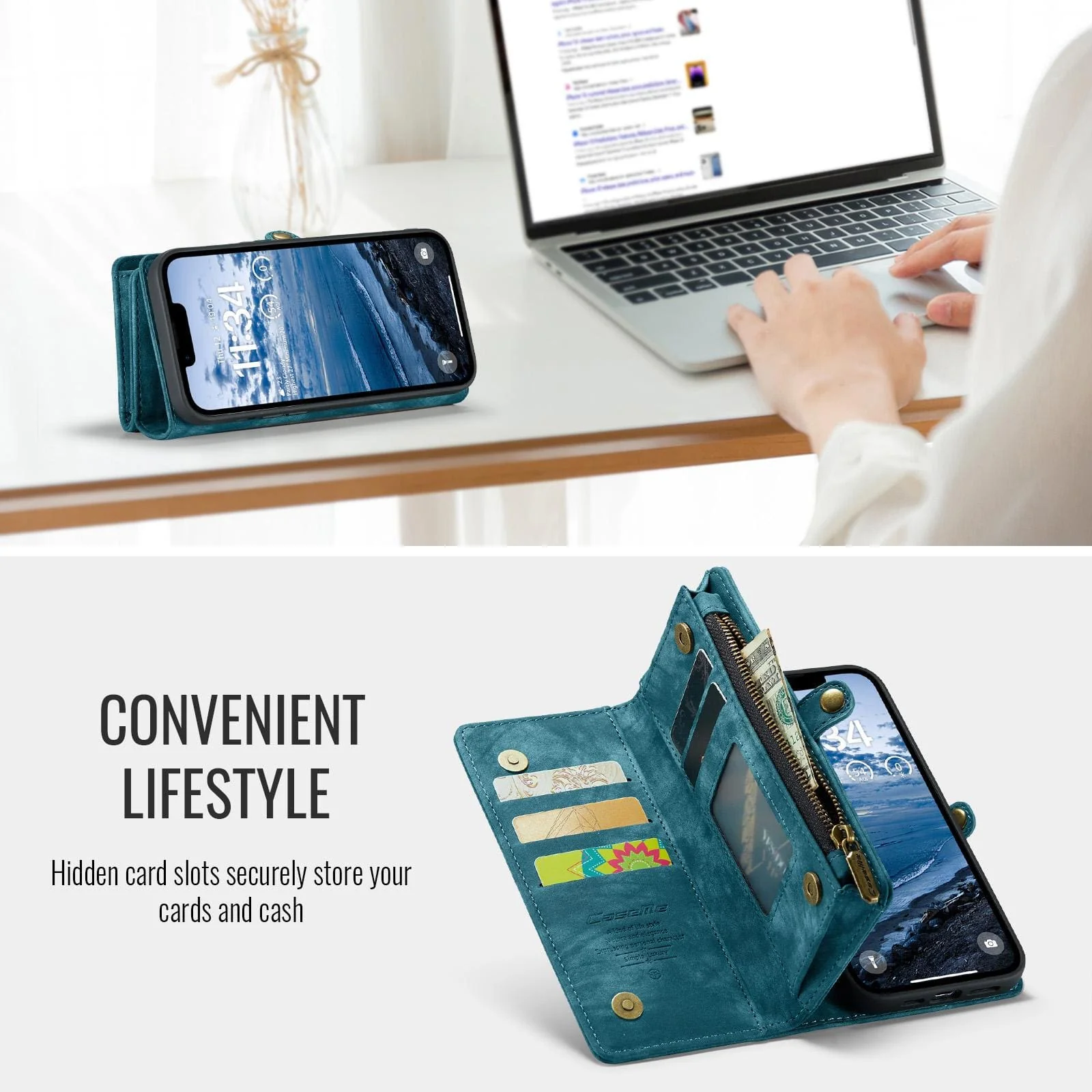 Apple iPhone 16e/17e CaseMe 008 2-In-1 Wallet with Detachable Cover, 8 Card Slots + Zip Pocket - Image 7
