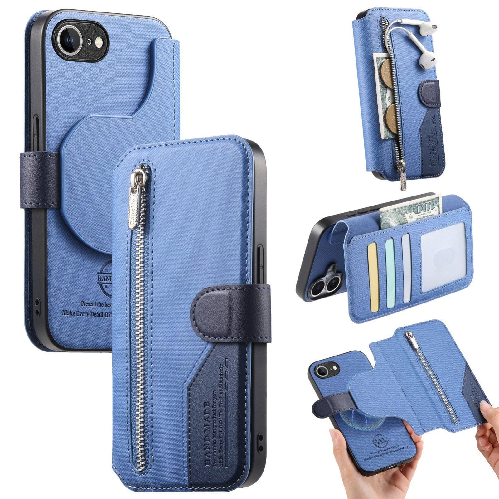 Apple iPhone 16e/17e Twill Fabric Mag Ring RFID Zipper Wallet Phone Case - Image 11