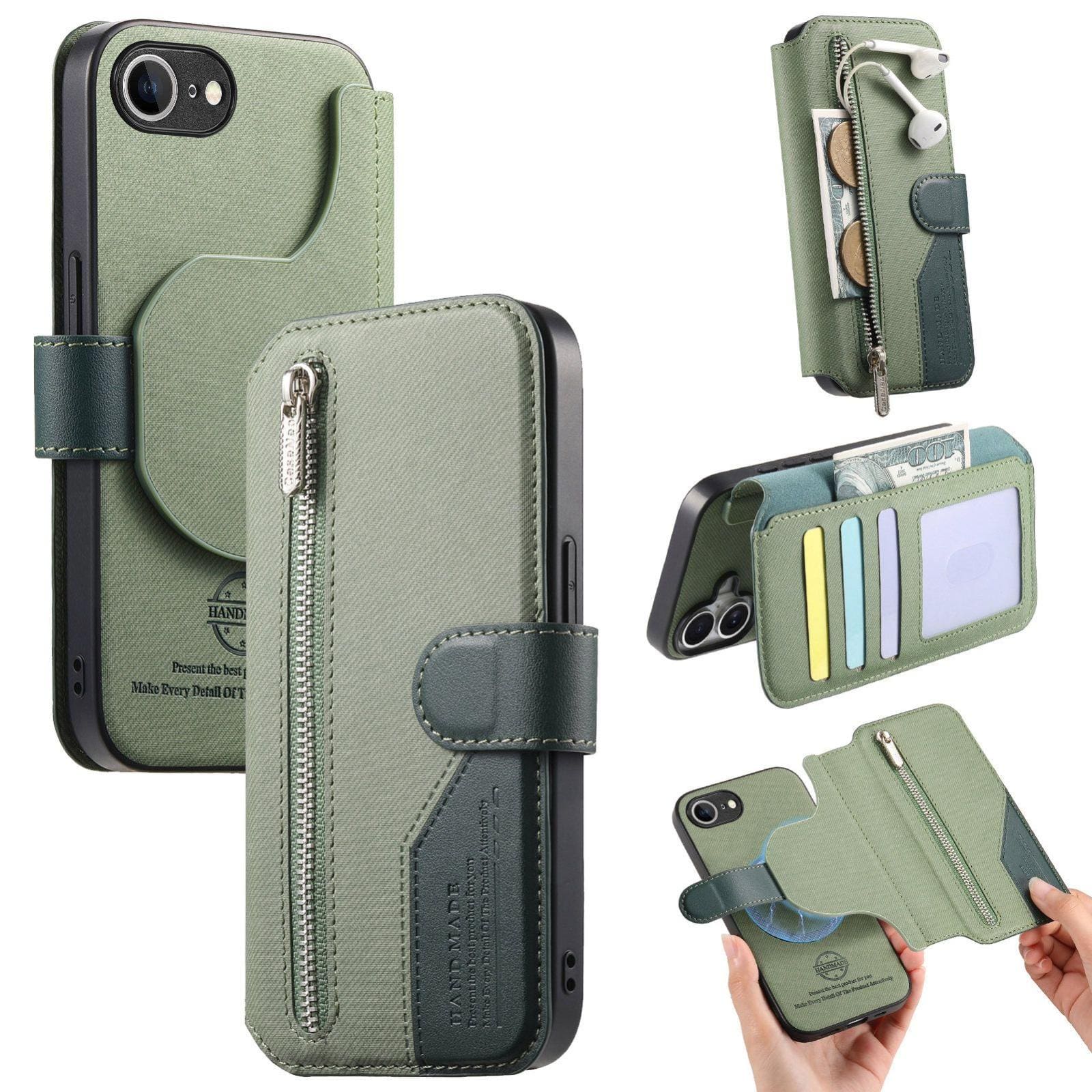 Apple iPhone 16e/17e Twill Fabric Mag Ring RFID Zipper Wallet Phone Case - Image 12