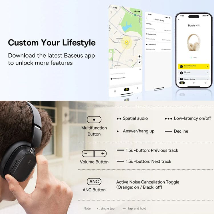 Baseus Bowie H1i Wireless Headphones, Wired or Wireless, ANC, App Configuration - Image 5