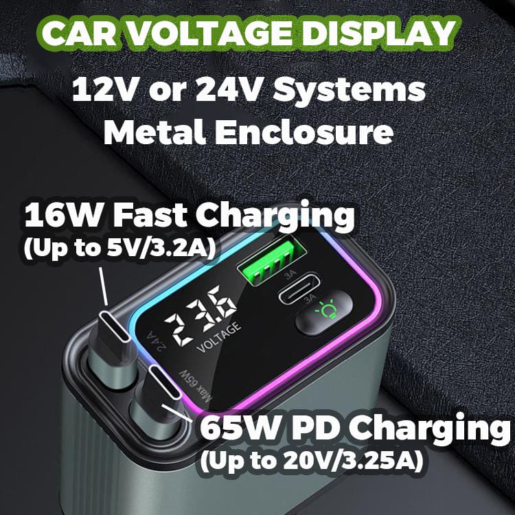 Dual Retractable Type-C 65W PD Car Charger | 12V/24V | Battery Display | LED Lighting - Image 2