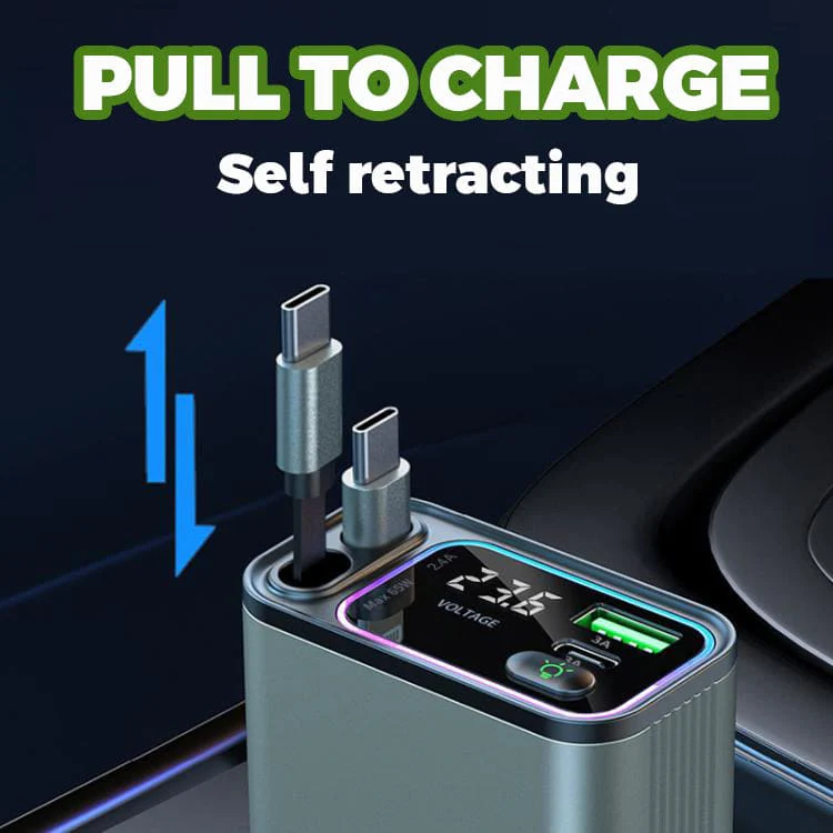 Dual Retractable Type-C 65W PD Car Charger | 12V/24V | Battery Display | LED Lighting - Image 3