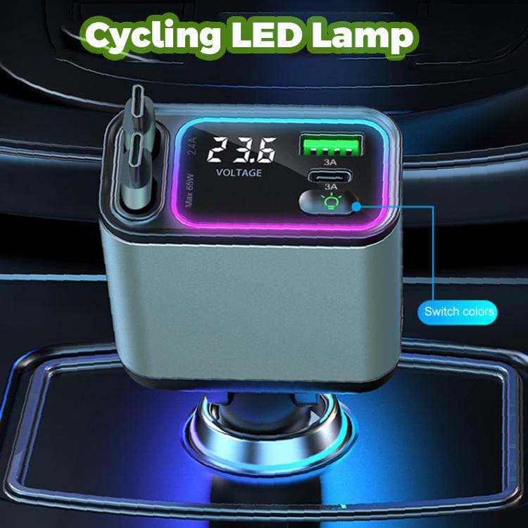 Dual Retractable Type-C 65W PD Car Charger | 12V/24V | Battery Display | LED Lighting - Image 4