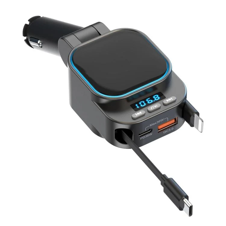 Dual Retractable Type-C/Lightning 36W PD Car Charger and FM Transmitter, 12V/24V