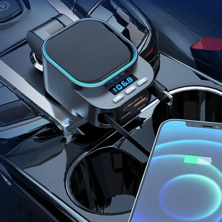 Dual Retractable Type-C/Lightning 36W PD Car Charger and FM Transmitter, 12V/24V - Image 2