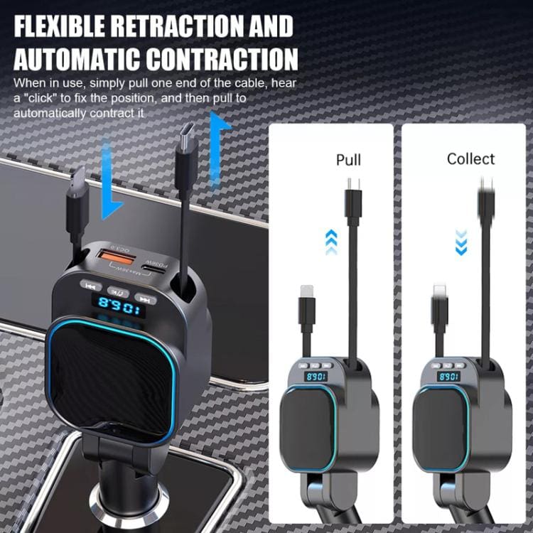 Dual Retractable Type-C/Lightning 36W PD Car Charger and FM Transmitter, 12V/24V - Image 3