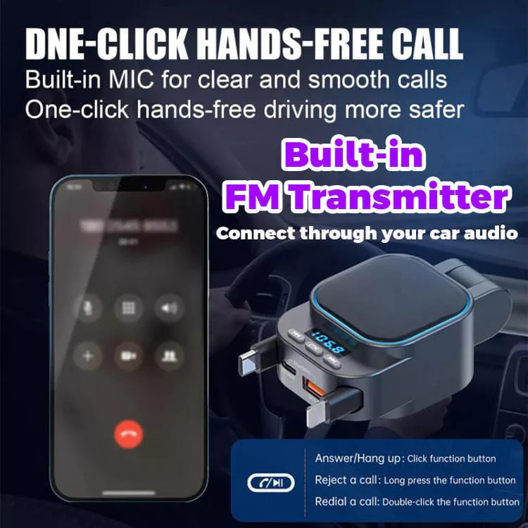Dual Retractable Type-C/Lightning 36W PD Car Charger and FM Transmitter, 12V/24V - Image 4