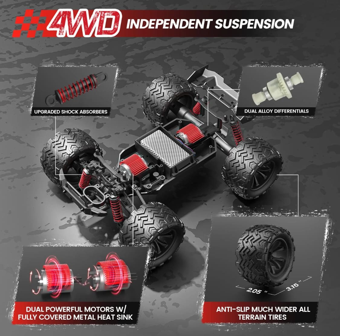 Enoze Dual Motor Bigfoot RC Truck, LEDs, Max 40km/h, Proportional Control, RTR - Image 3