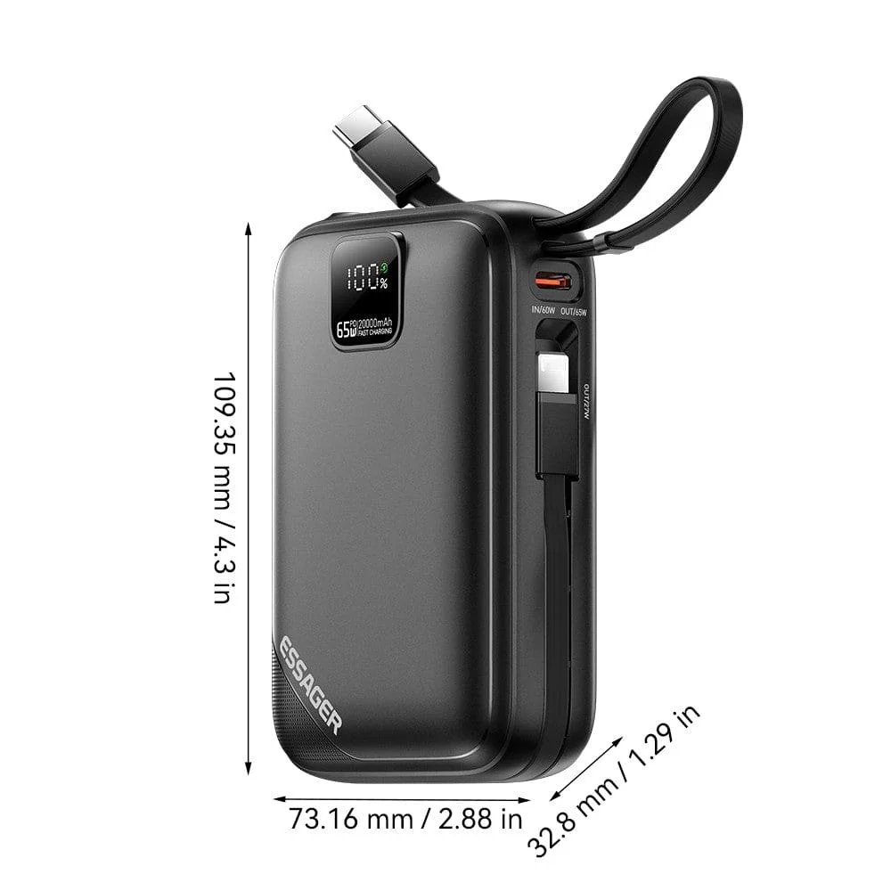 Essager 65W PD Fast Charging Power Bank | 20000mAh Portable Laptop/Phone Charger with Dual Cable - Image 11