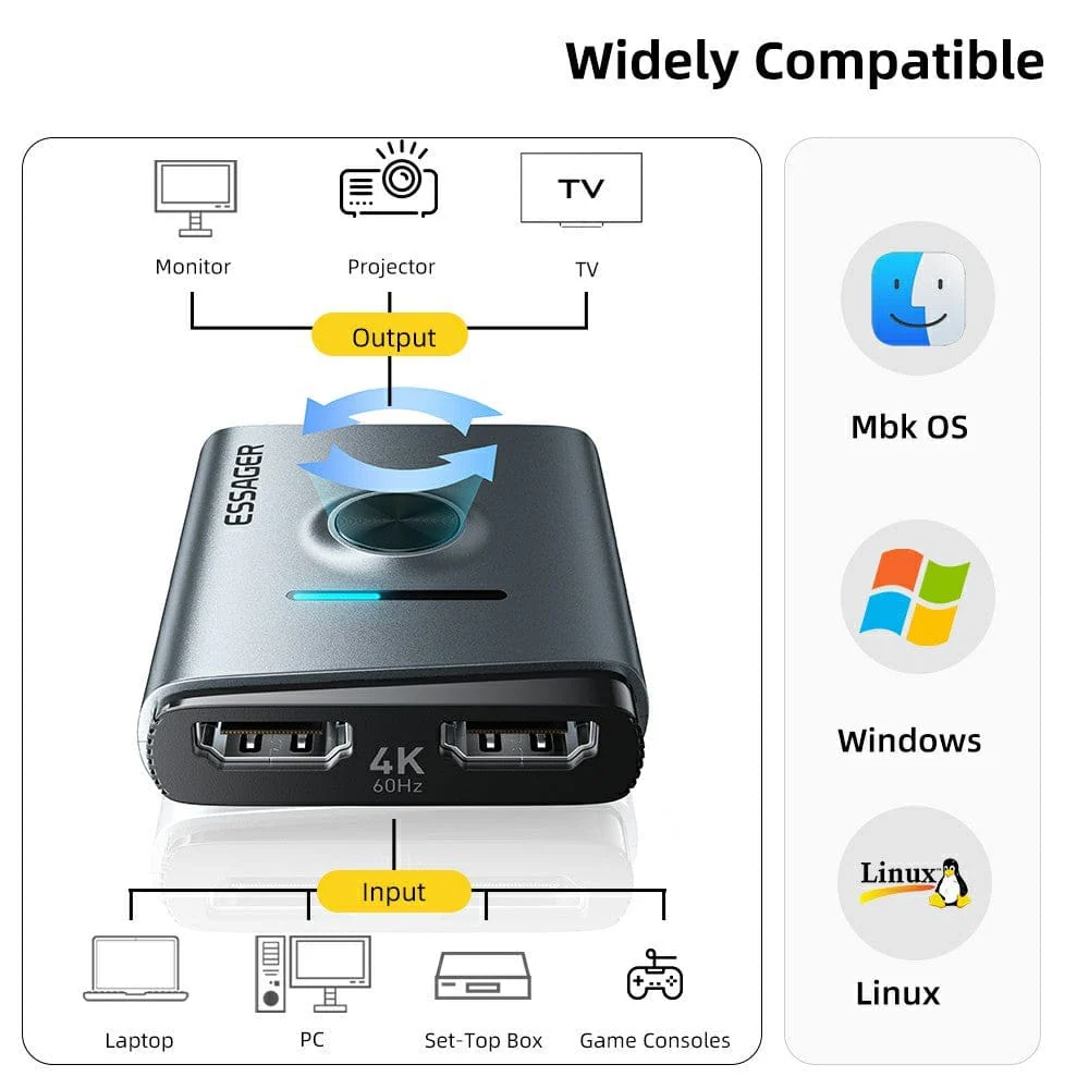 ESSAGER ESQH02 2-in-1 Dual-Way 4K 60Hz HDMI Switcher for Gaming PC and TV - Image 8