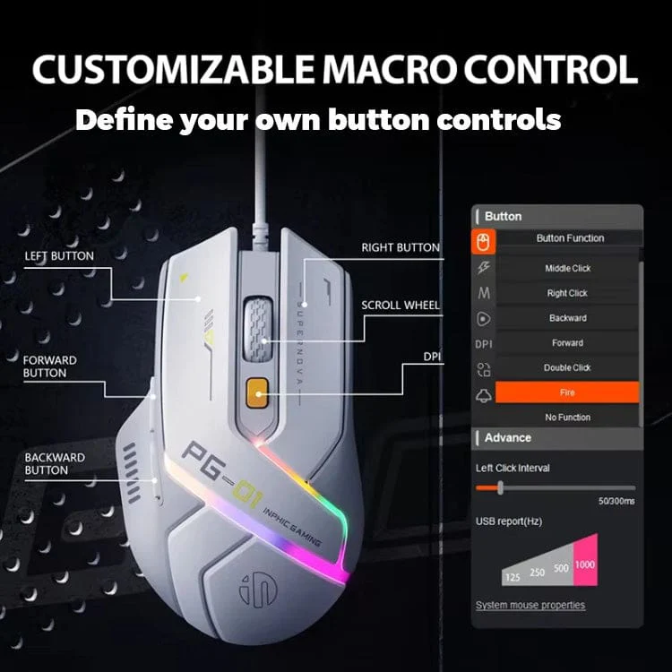 inphic PG1 Wired USB 12800 DPI Optical Mouse, Macro Software, LED Lighting - Image 6
