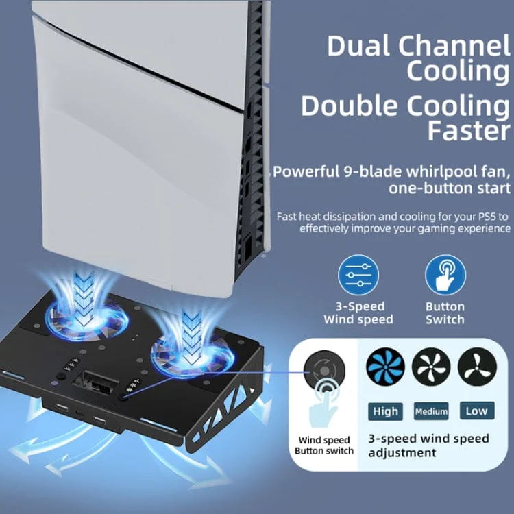 iPlay PS5 Wall Mount Cooling Stand, USB Hub and Controller Charging Station - Image 4
