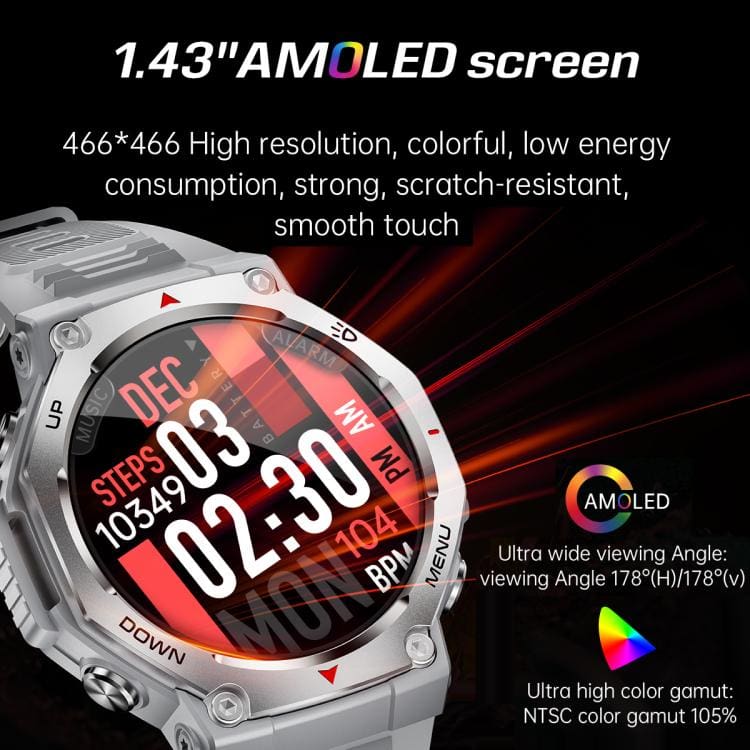 KT85 Rugged Sports Smart Watch | 1.43" AMOLED | 525mAh Battery | BT Calling | 5ATM Rated - Image 6