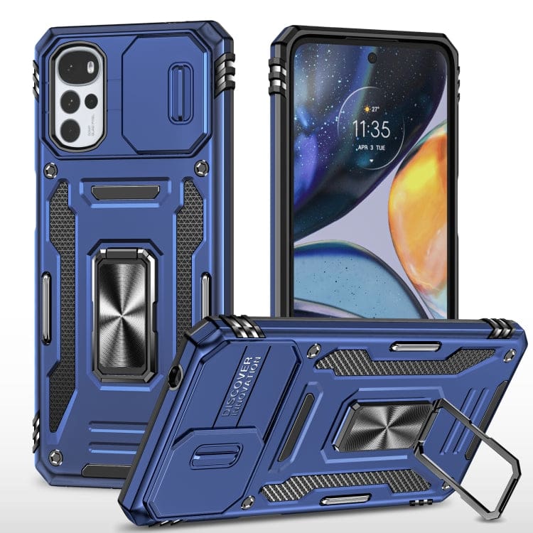 Motorola Moto G22 Rugged Sliding Camera Cover Protective Case with Metal Ring/Stand