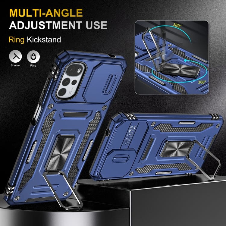 Motorola Moto G22 Rugged Sliding Camera Cover Protective Case with Metal Ring/Stand - Image 4