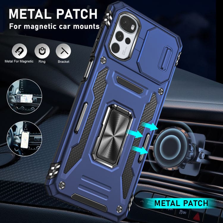 Motorola Moto G22 Rugged Sliding Camera Cover Protective Case with Metal Ring/Stand - Image 6