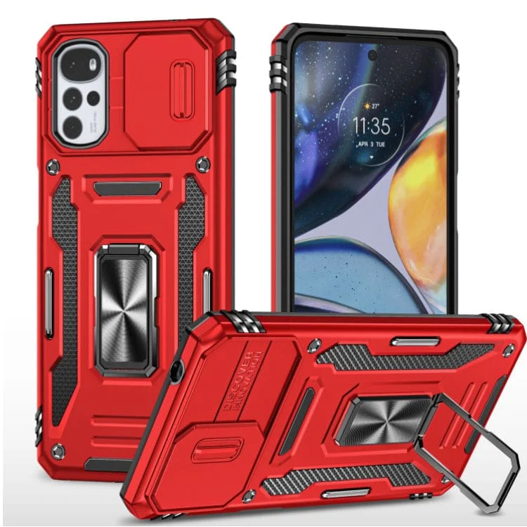 Motorola Moto G22 Rugged Sliding Camera Cover Protective Case with Metal Ring/Stand - Image 7