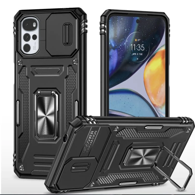 Motorola Moto G22 Rugged Sliding Camera Cover Protective Case with Metal Ring/Stand - Image 8