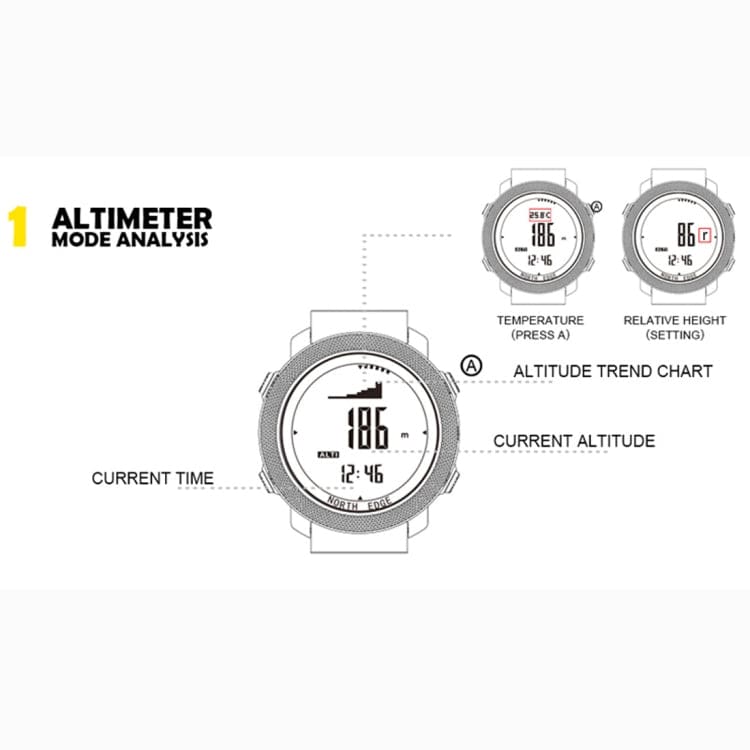 North Edge Multi-Function Digital Adventure Watch, Fitness, Barometer, Altimeter, Compass, Thermometer, 50 Metres Waterproof, - Image 3