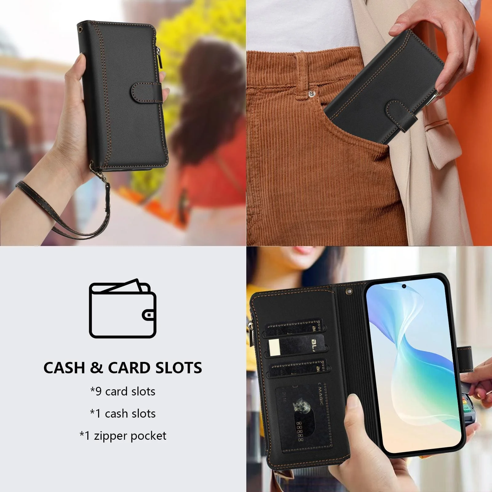 OPPO A5 PRO 4G/5G Zip Wallet, 9 card Slot Flip Cover with Magnetic Closing Front Cover - Image 2