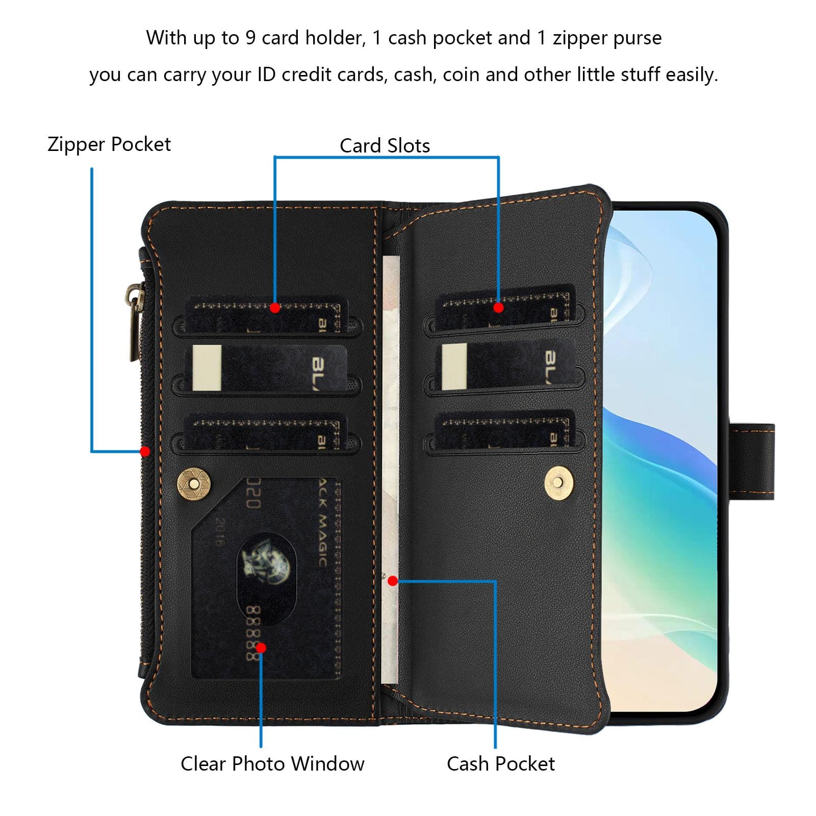 OPPO A5 PRO 4G/5G Zip Wallet, 9 card Slot Flip Cover with Magnetic Closing Front Cover - Image 6