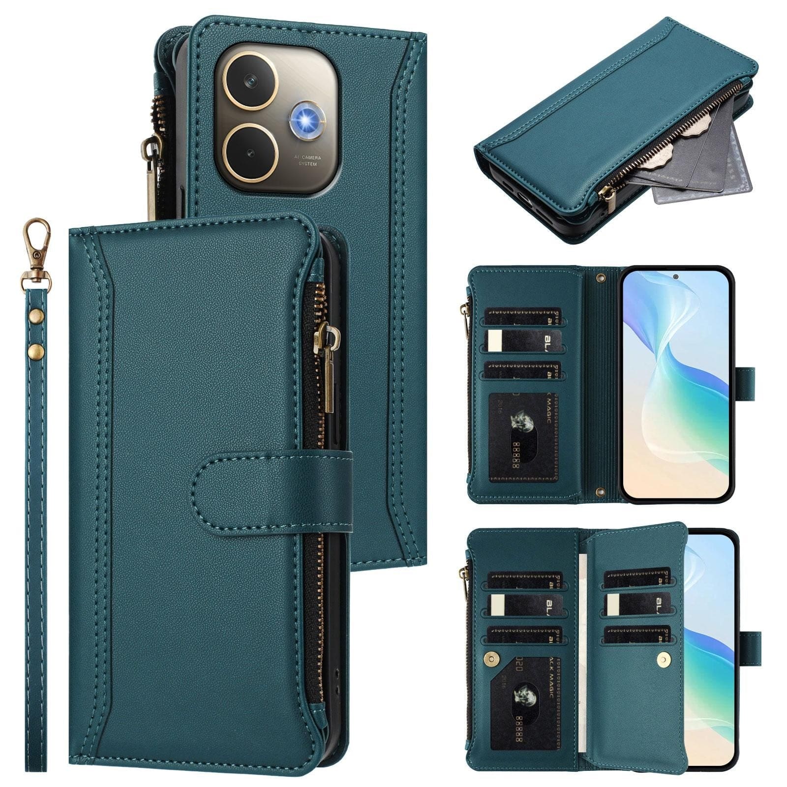 OPPO A5 PRO 4G/5G Zip Wallet, 9 card Slot Flip Cover with Magnetic Closing Front Cover