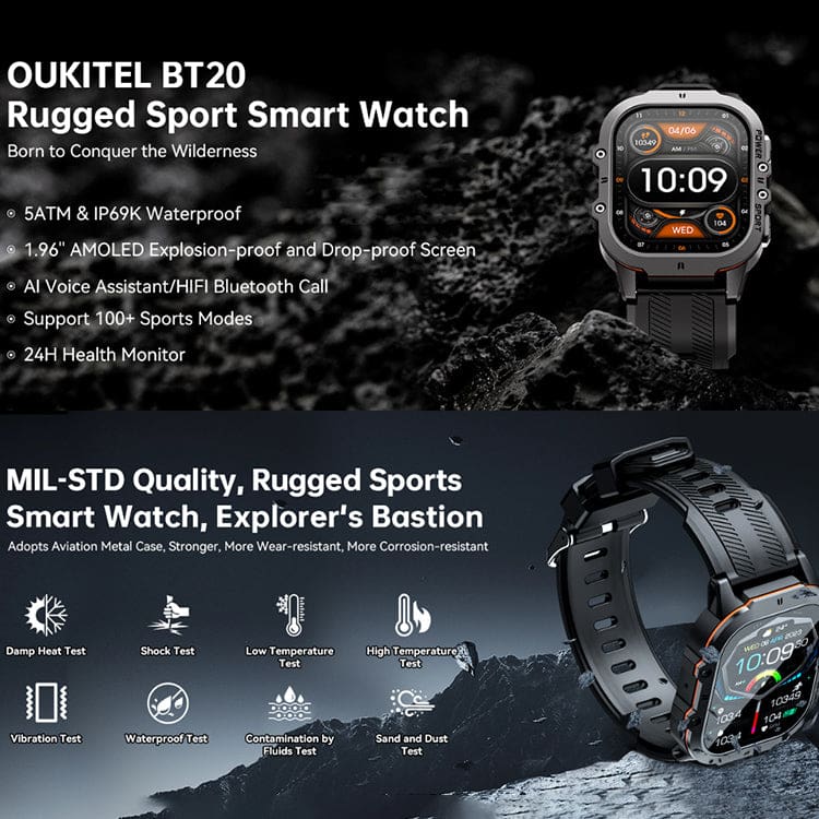 Oukitel BT20 Rugged Smartwatch | 1.96" AMOLED Display & Bluetooth Calling - Image 4