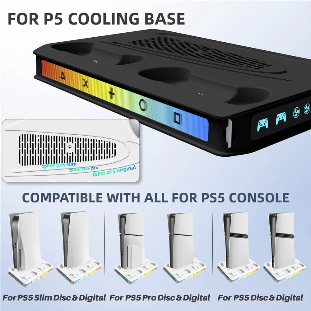 PS5 Pro, PS5 Slim, and PS5 Standard - MZ801 RGB Vertical Cooling Stand with Controller Charging Dock - Image 2