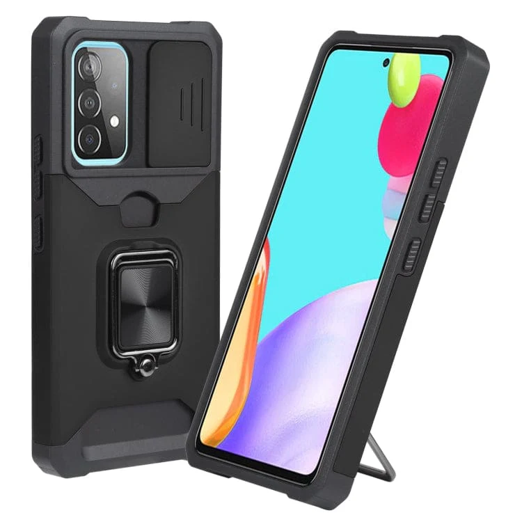 Samsung Galaxy A53 5G Rugged Cover, Sliding Camera Cover, Metal Ring/Stand, Card Slot