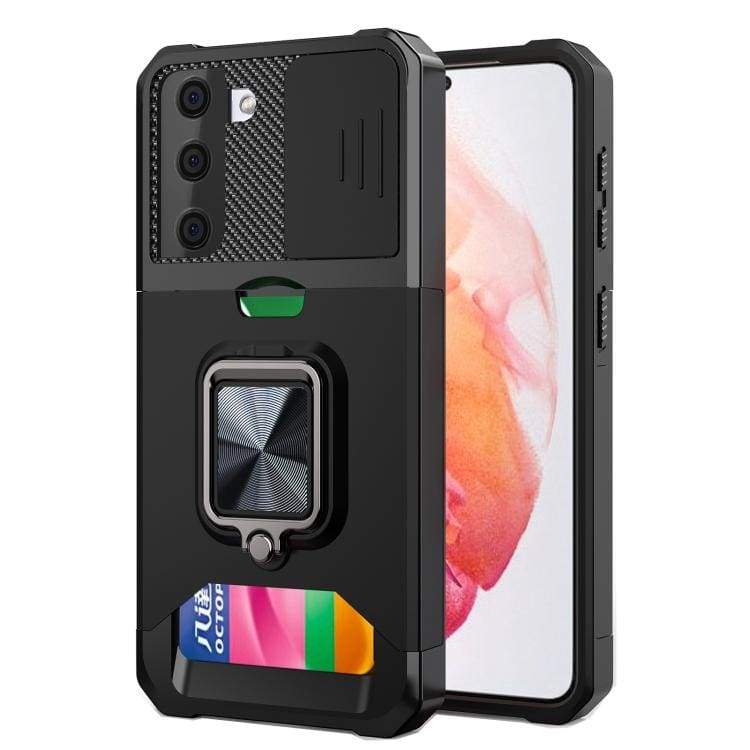 Samsung Galaxy S21+ Rugged Cover, Sliding Camera Cover, Metal Ring/Stand, Card Slot