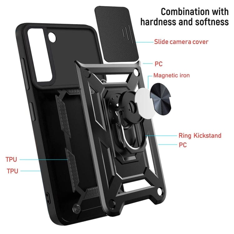 Samsung Galaxy S22+ 5G Rugged Protective Cover, Sliding Camera Cover, Metal Ring/Stand - Image 2