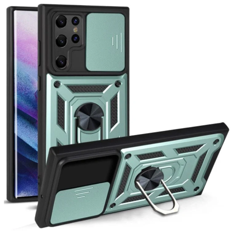 Samsung Galaxy S22 ULTRA 5G Rugged Protective Cover, Sliding Camera Cover, Metal Ring/Stand