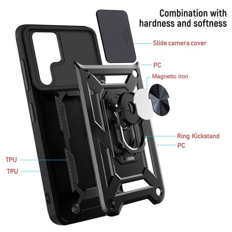 Samsung Galaxy S22 ULTRA 5G Rugged Protective Cover, Sliding Camera Cover, Metal Ring/Stand - Image 2