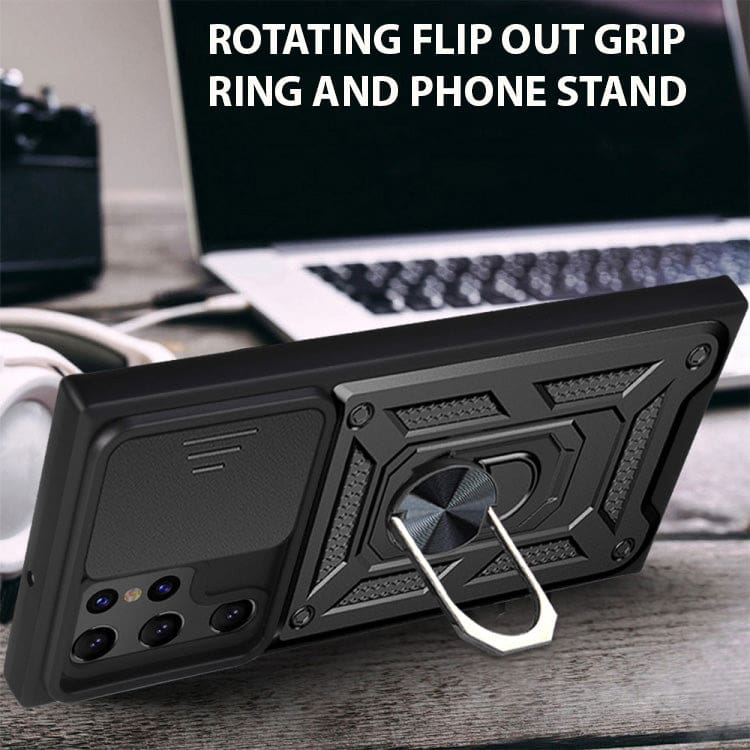 Samsung Galaxy S22 ULTRA 5G Rugged Protective Cover, Sliding Camera Cover, Metal Ring/Stand - Image 6