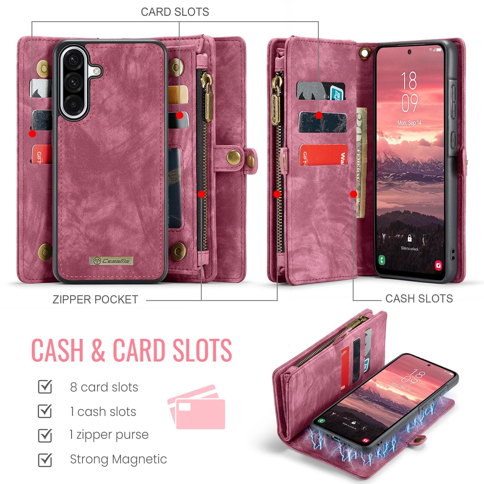 Samsung Galaxy A56 5G CaseMe 008 2-In-1 Wallet with Detachable Cover, 8 Card Slots + Zip Pocket - Image 2