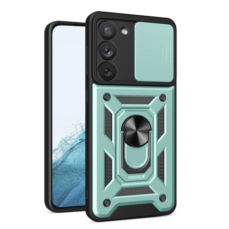 Samsung Galaxy S23 5G Rugged Protective Cover, Sliding Camera Cover, Metal Ring/Stand