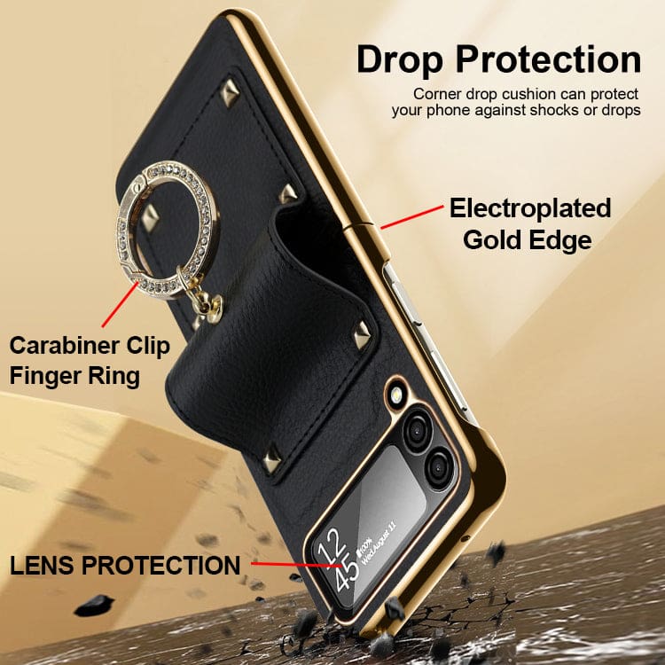 Samsung Galaxy Z Flip 4 GKK Rigid Protective Cover, Leather Texture, Ring/Clip, Electroplated Gold - Image 2