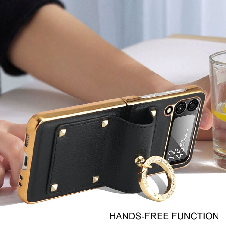 Samsung Galaxy Z Flip 4 GKK Rigid Protective Cover, Leather Texture, Ring/Clip, Electroplated Gold - Image 3