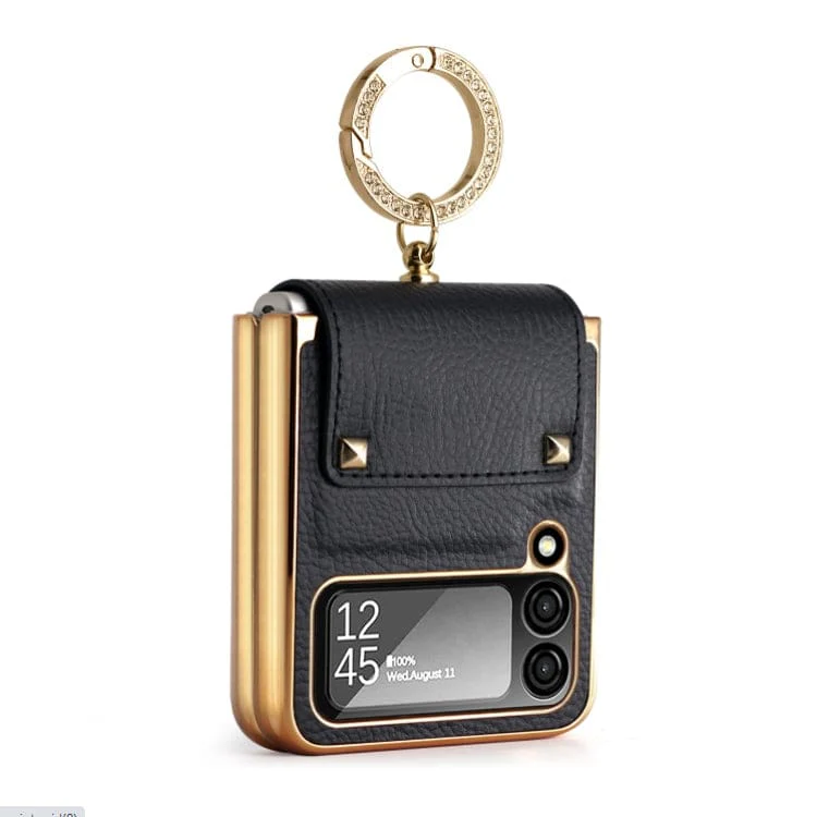 Samsung Galaxy Z Flip 4 GKK Rigid Protective Cover, Leather Texture, Ring/Clip, Electroplated Gold - Image 7