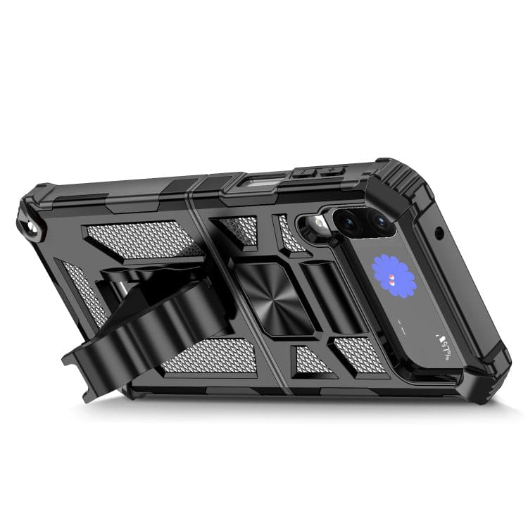 Samsung Galaxy Z Flip 4 Rugged Armor Protective Cover, Shock Resistant, Fold Out Stand, Metal Patch - Image 2