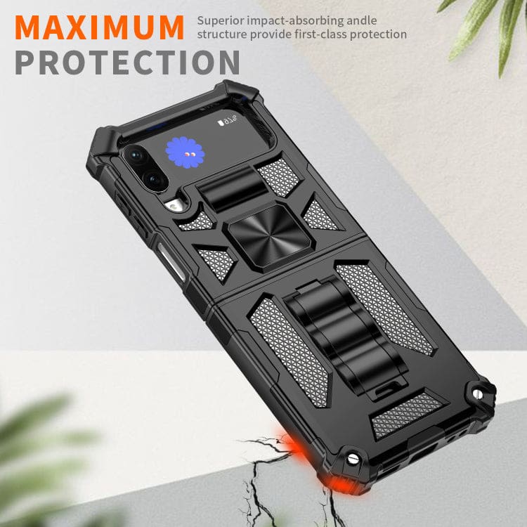 Samsung Galaxy Z Flip 4 Rugged Armor Protective Cover, Shock Resistant, Fold Out Stand, Metal Patch - Image 3
