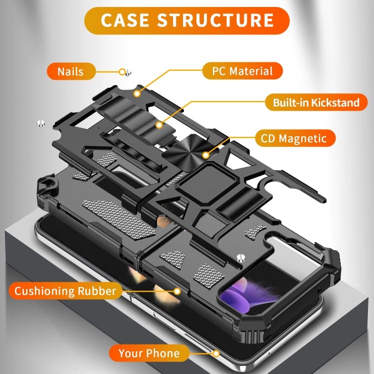 Samsung Galaxy Z Flip 4 Rugged Armor Protective Cover, Shock Resistant, Fold Out Stand, Metal Patch - Image 4